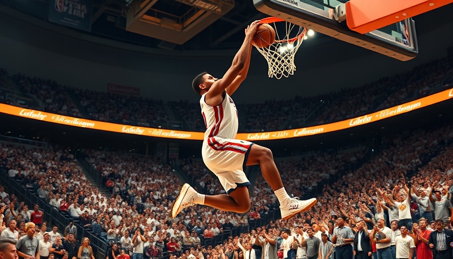 Dynamic basketball player mid-dunk in a crowded stadium.
