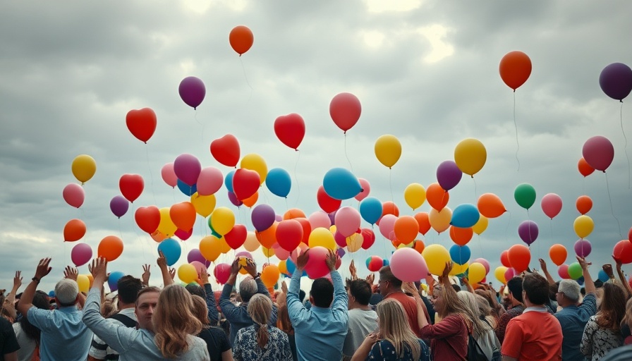 Gathering releases balloons in remembrance under cloudy sky