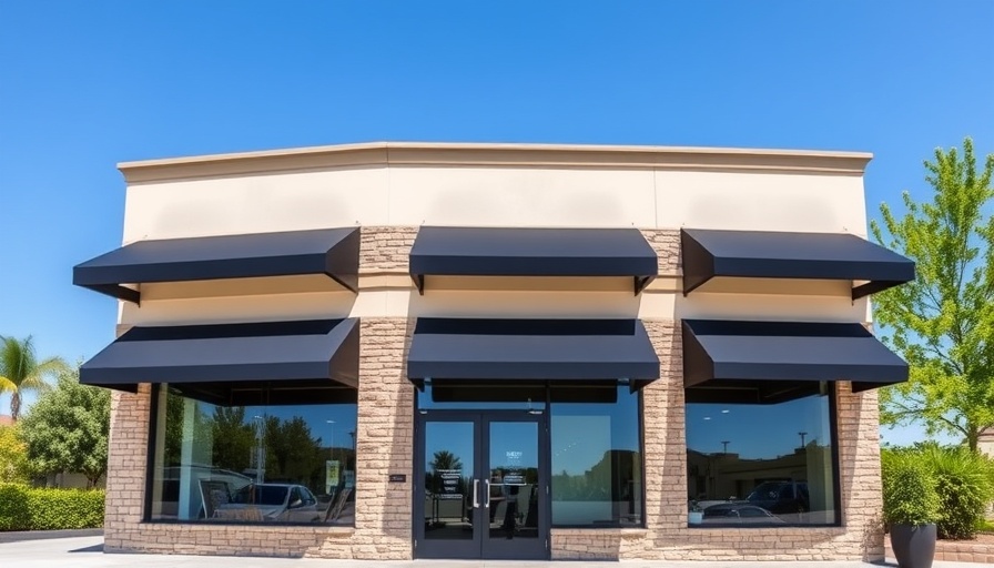 Modern storefront in Southwest Michigan with black awnings.