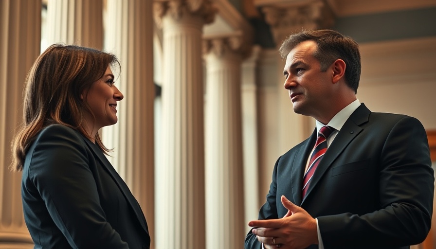 Two professionals discussing Michigan legislative bills blocked in a formal setting.