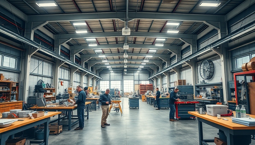 People collaborating in a crowdfunded shared workshop with tools and workbenches.