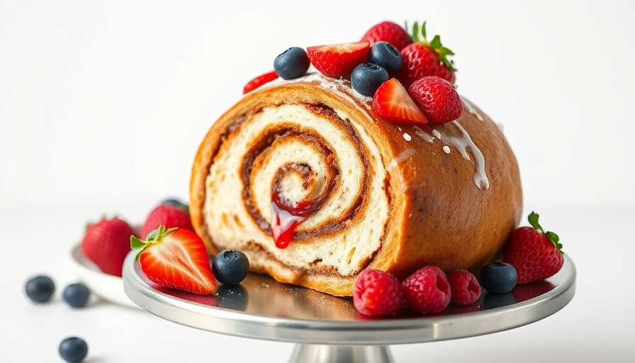 Vegan cinnamon roll with berries on a silver stand.