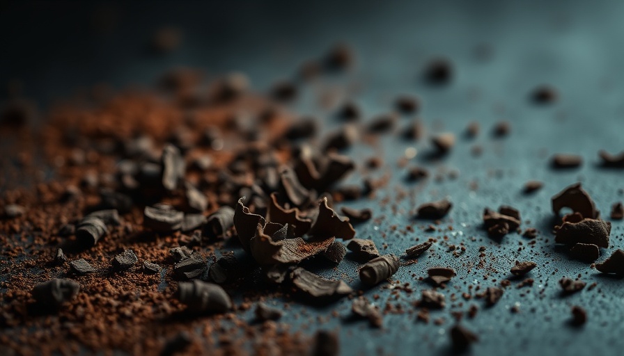 Dark chocolate shavings and cocoa powder on dark surface, moody lighting.