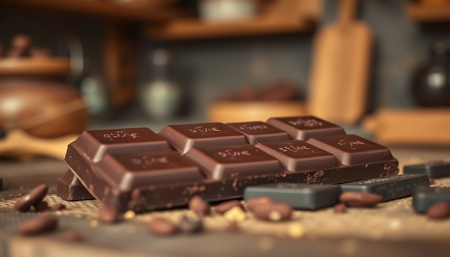 Dark chocolate bar highlighting health benefits, warm ambiance.