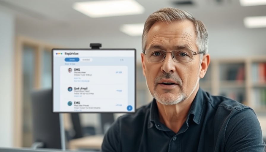 Middle-aged man discussing SMS and email control in invoicing software interface.