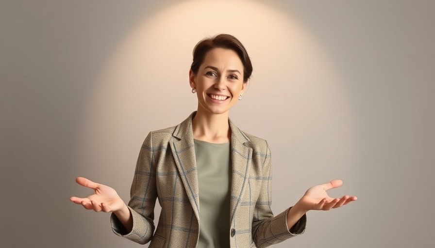 Smiling woman presenting, moderation-focused counseling promotion.