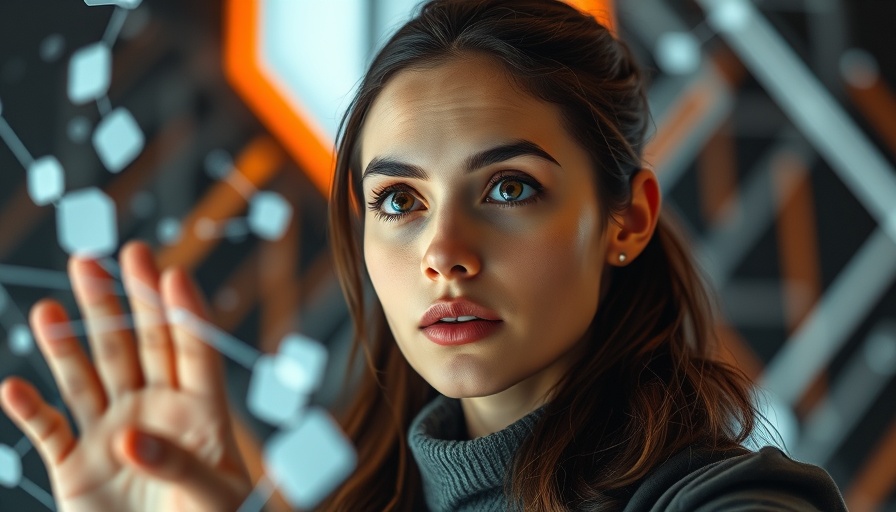 Focused young woman explores Organic Search Engine Trends in futuristic tech setting.