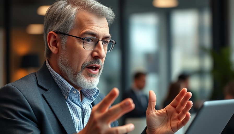 Focused middle-aged man discussing digital topics in an office.