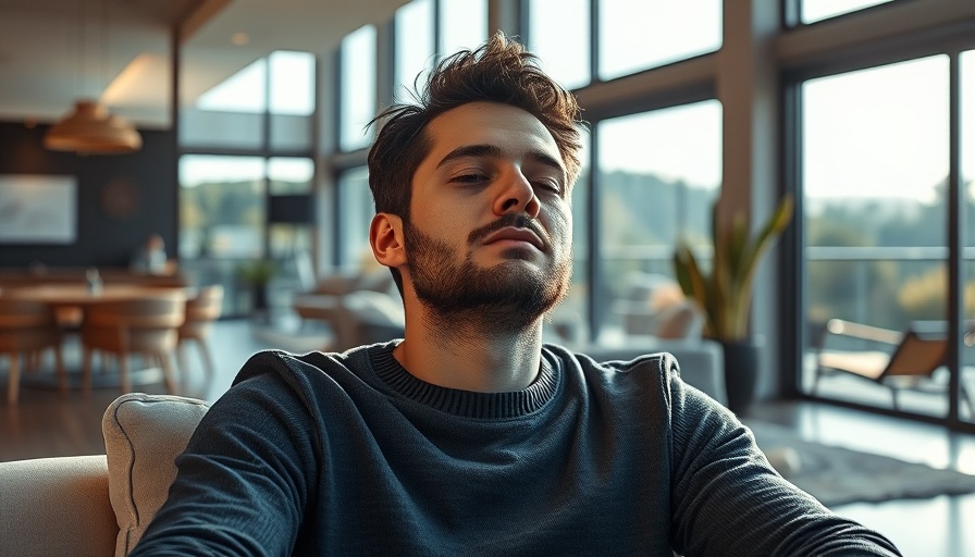 Relaxed man in modern living room, natural light ambiance.