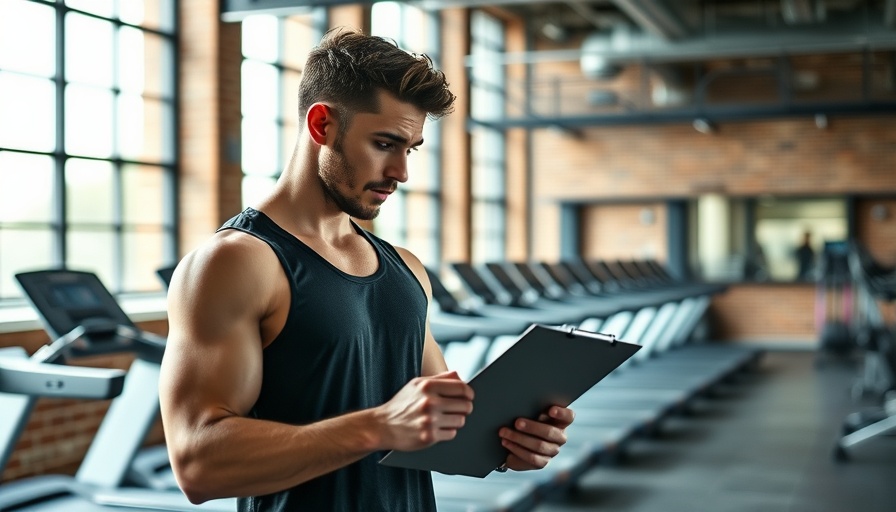 Athletic man taking notes in gym with relocation boxes, gym relocation tips.