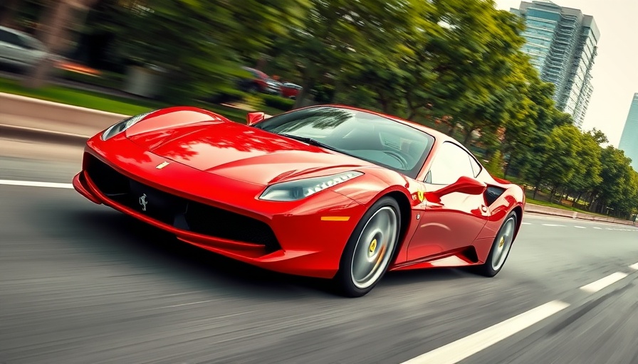 Red Ferrari speeding on highway amidst blurred background.