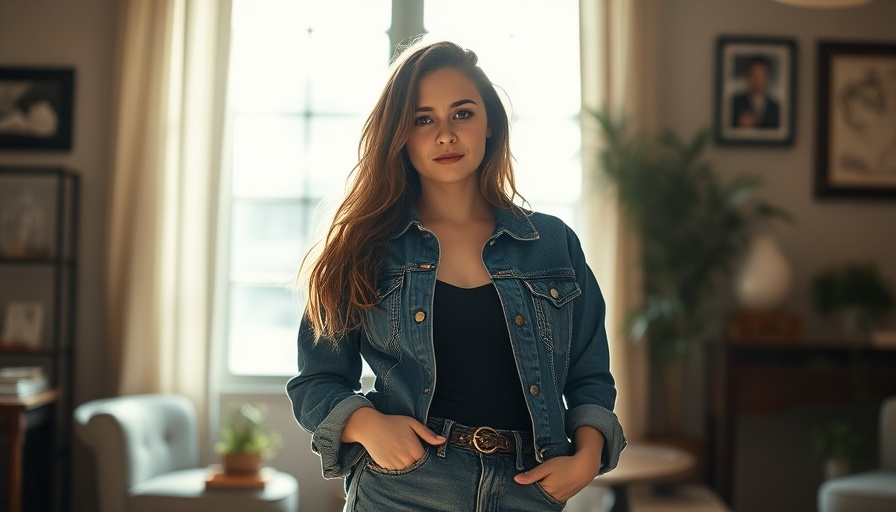 Fashionable woman in denim casually posing indoors.