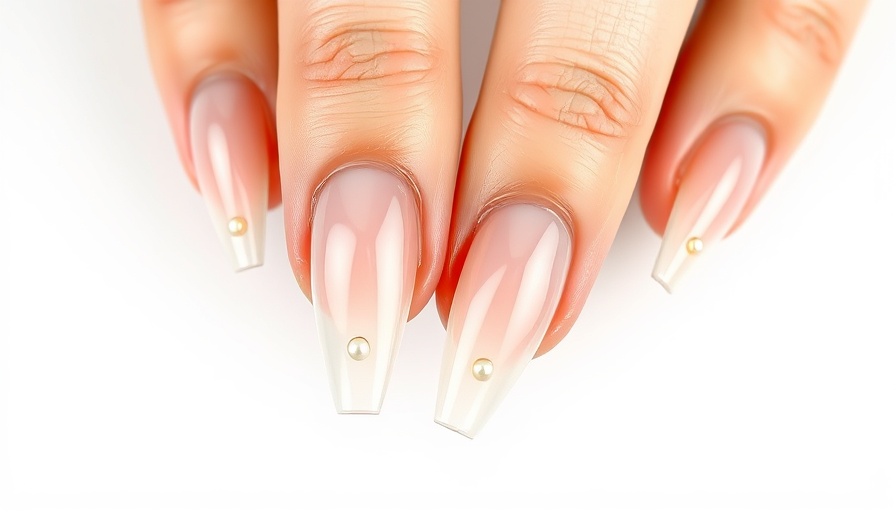 Elegant glass French manicure with gold accents and pearls.