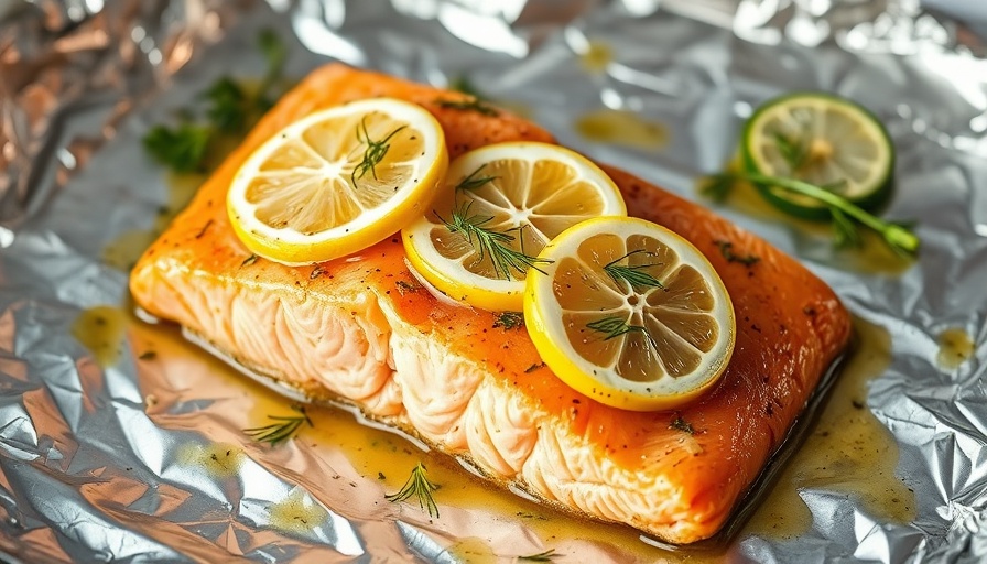 Lemon dill salmon marinade on a fresh fillet with lemon slices.