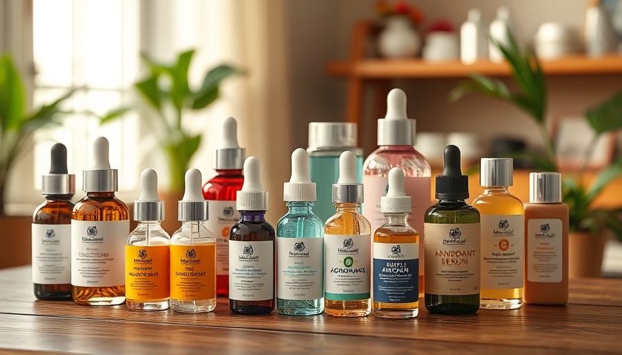Affordable antioxidant serums under $30 on a wooden table.