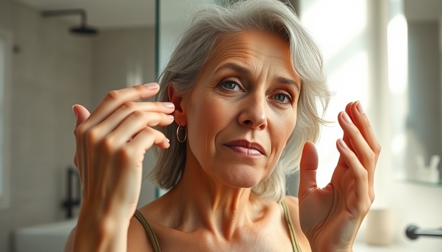 Woman examining skin after weight loss in a serene bathroom setting.