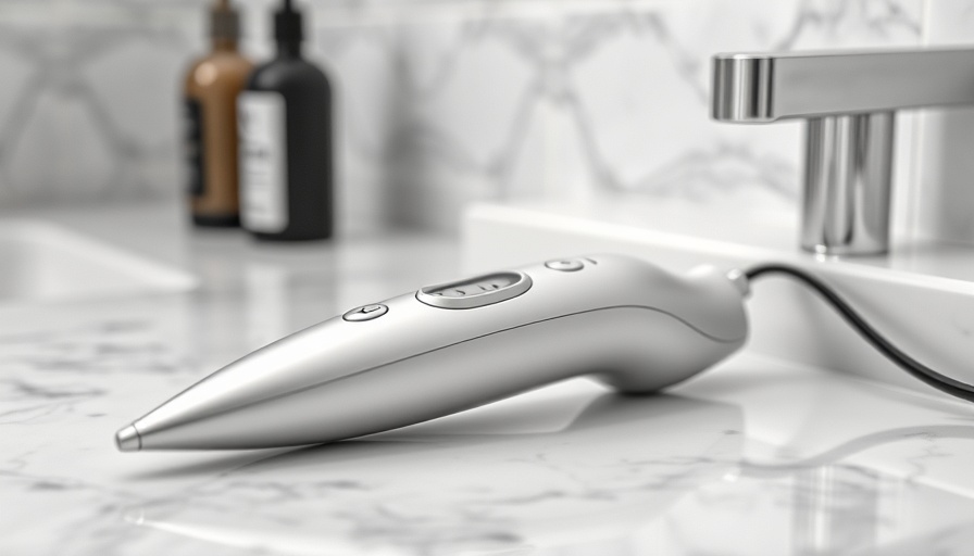 Sleek at-home microneedling tool on marble counter.