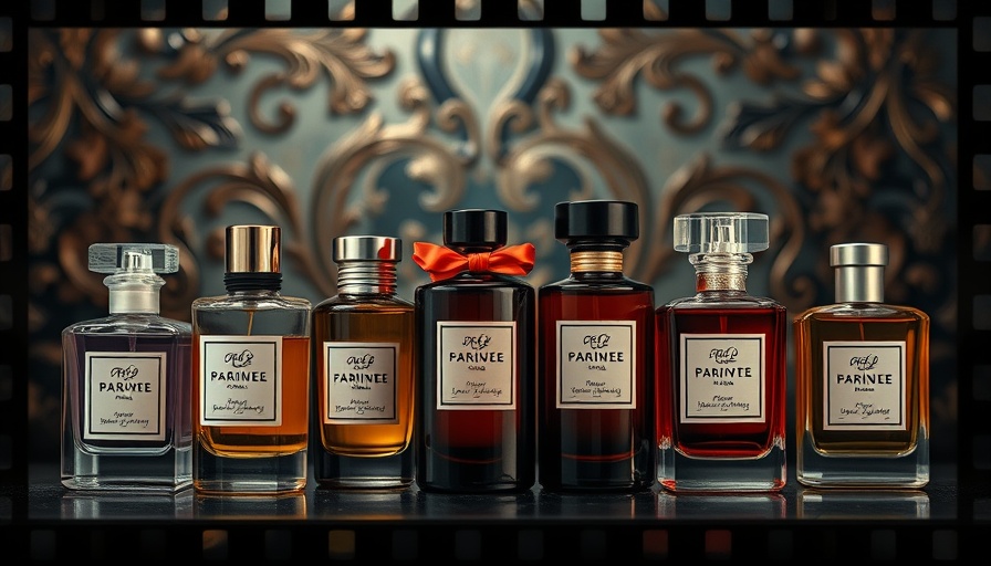 Exquisite Parisian fruity fragrances with luxury packaging filmstrip style.