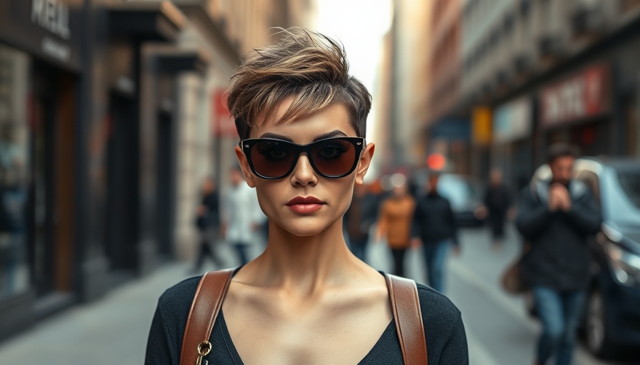 Stylish woman flaunting perfect pixie cut in urban setting.