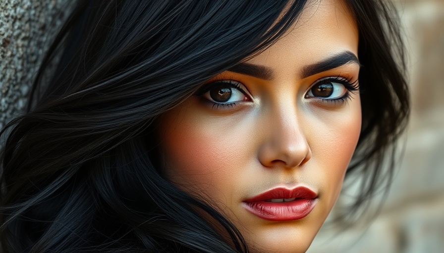 Woman with black hair and neutral expression against a textured wall.