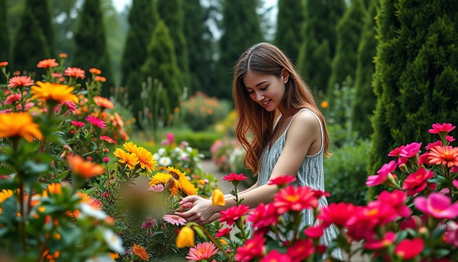 Young woman tending flowers at U-Pick Dahlia Farm in lush green garden.