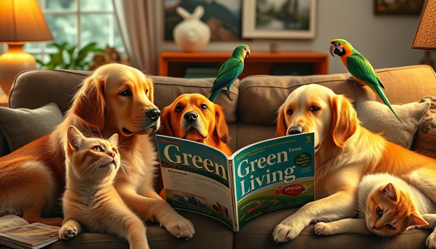 Golden retrievers, cat, and parrot reading a sustainability magazine.