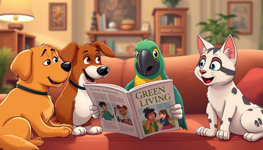 Urban food forests in Arizona: pets interact with a parrot reading 'Green Living'.