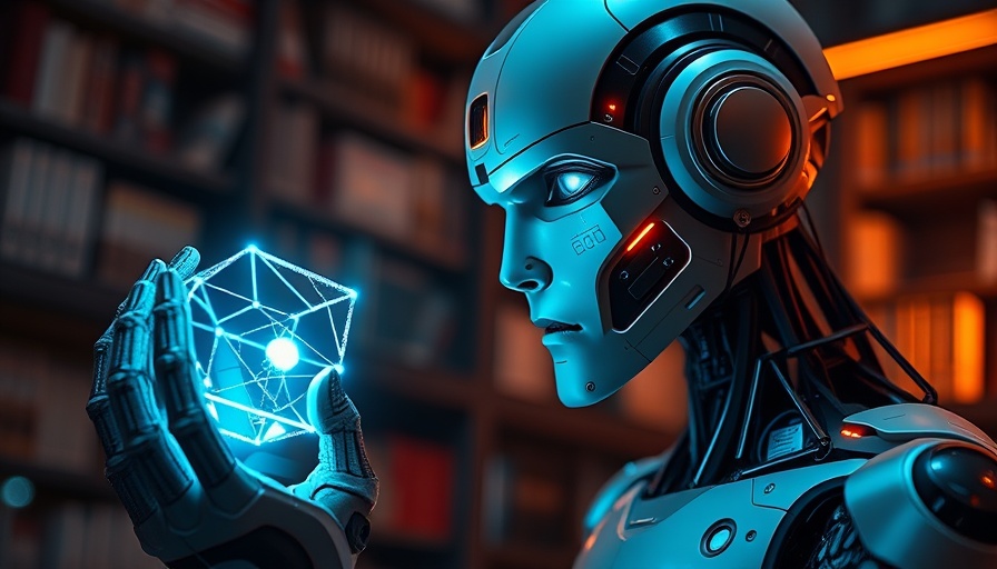 Futuristic robot with glowing data cubes, symbolizing AI for business