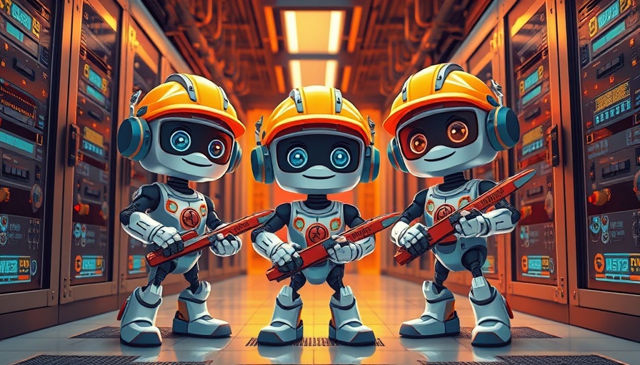 Adorable AI robots in a server room, depicting AI for business.