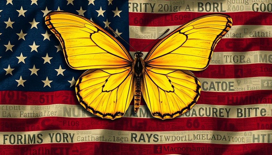 Bold collage art with butterfly over pixelated American flag.