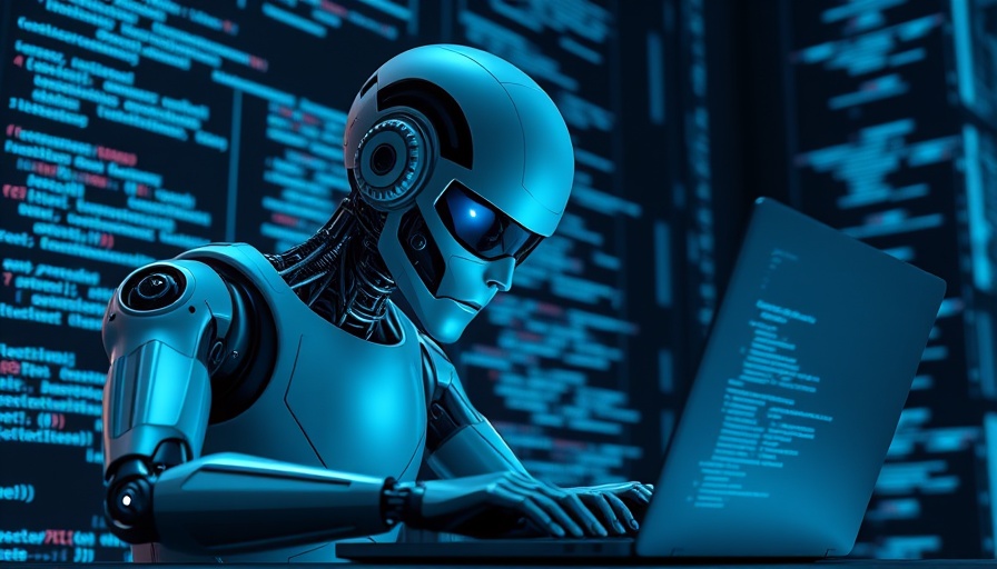 AI for business concept with robot using a laptop in digital space.