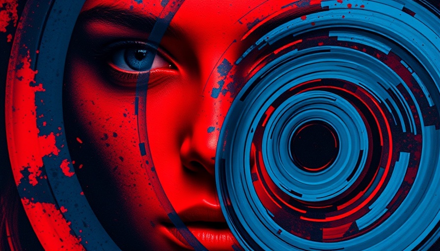 Abstract red and blue face composition with intense colors.