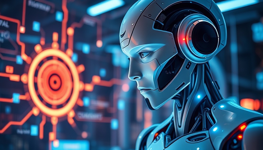 AI for business futuristic robot analyzing digital network.