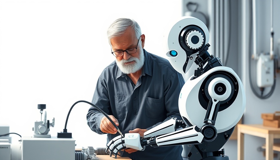 Elderly craftsman and robot collaborating in AI for business illustration.
