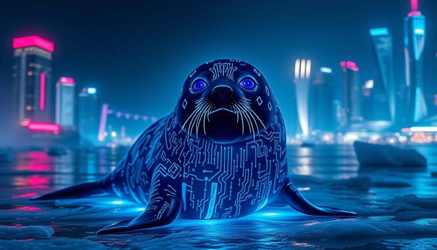 Futuristic glowing seal in digital cityscape, representing self-improving AI.