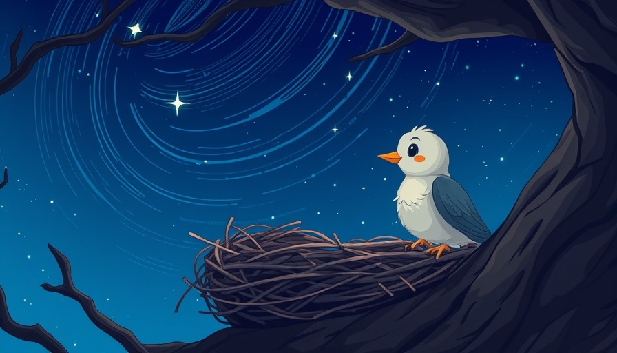 Digital illustration of bird nest with starry sky, AI for business.