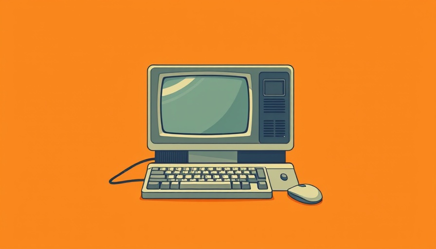 Vintage computer illustration, AI for business concept, orange background.