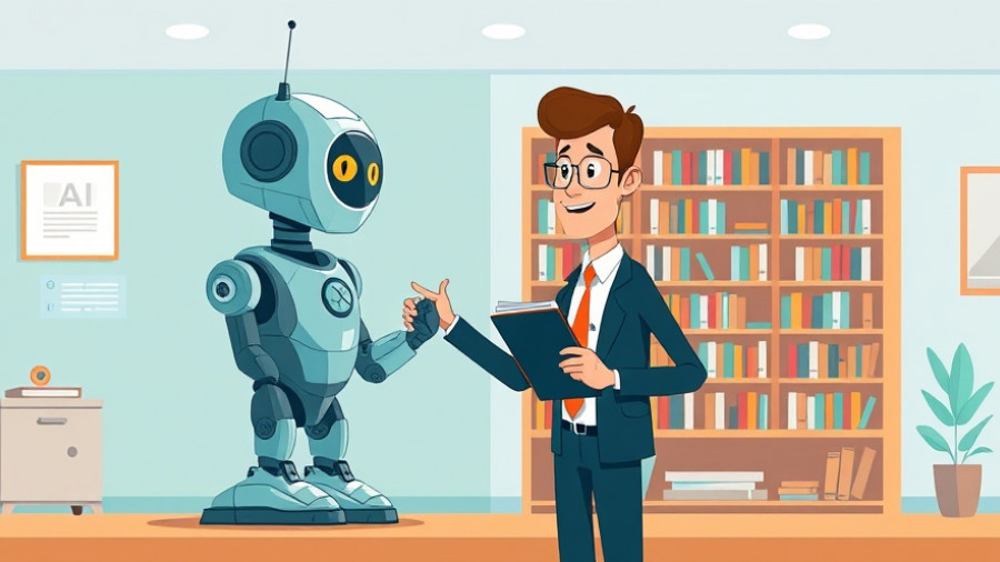 Cartoon businessperson with AI robot in teal and orange colors