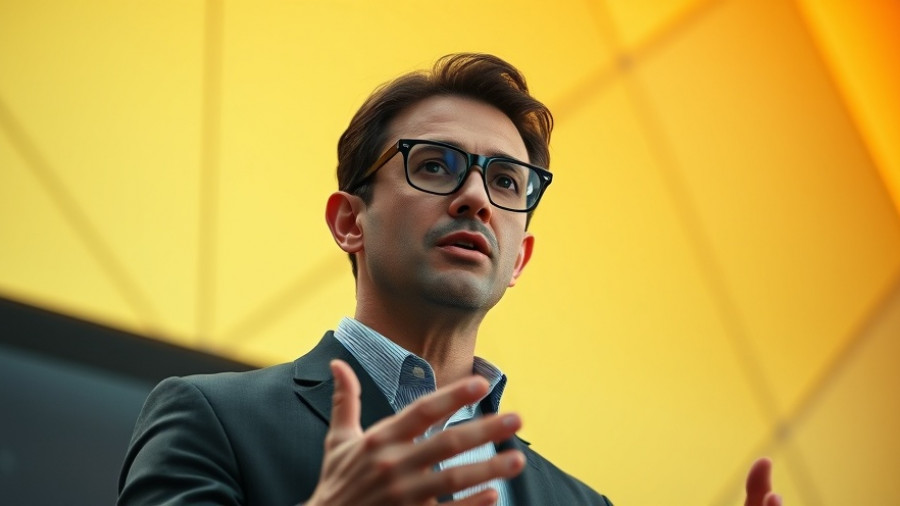 AI tools presentation by man in glasses with geometric backdrop