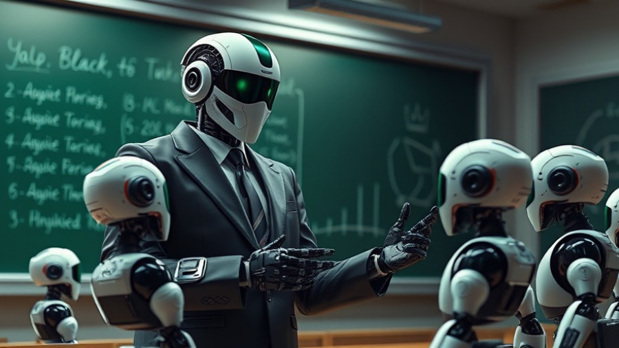 AI for business: Humanoid robot teaching smaller robots in futuristic classroom.