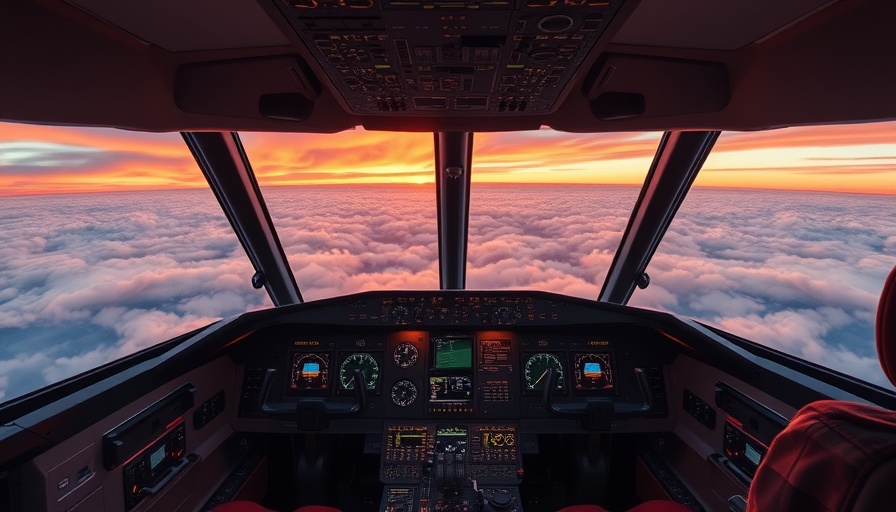 AI for business: Airplane cockpit with sunset over mountains.