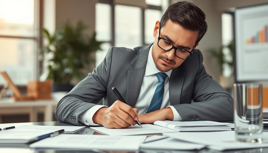 Businessman focused on documents at desk, exploring legal mistakes in startups.