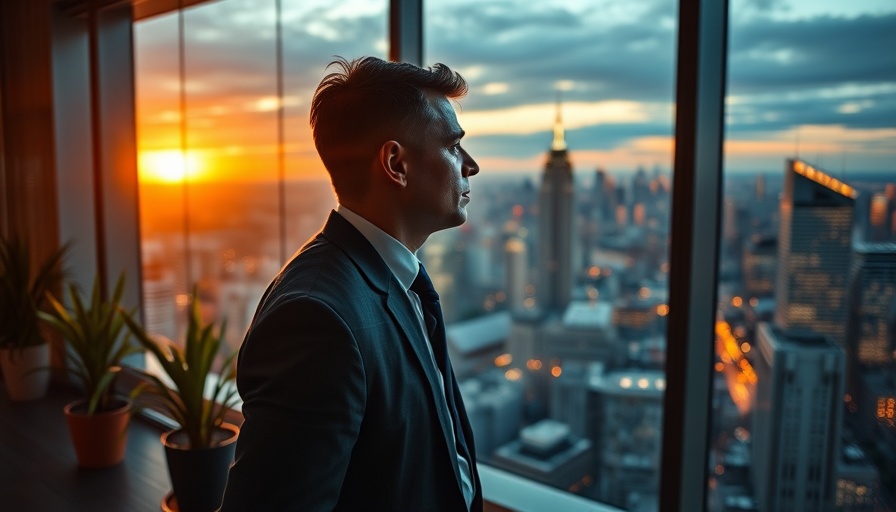 Businessman planning how to start a corporation, city view office.
