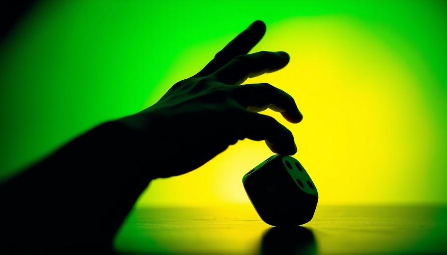 Stylized hand and dice with green-yellow halftone effect.