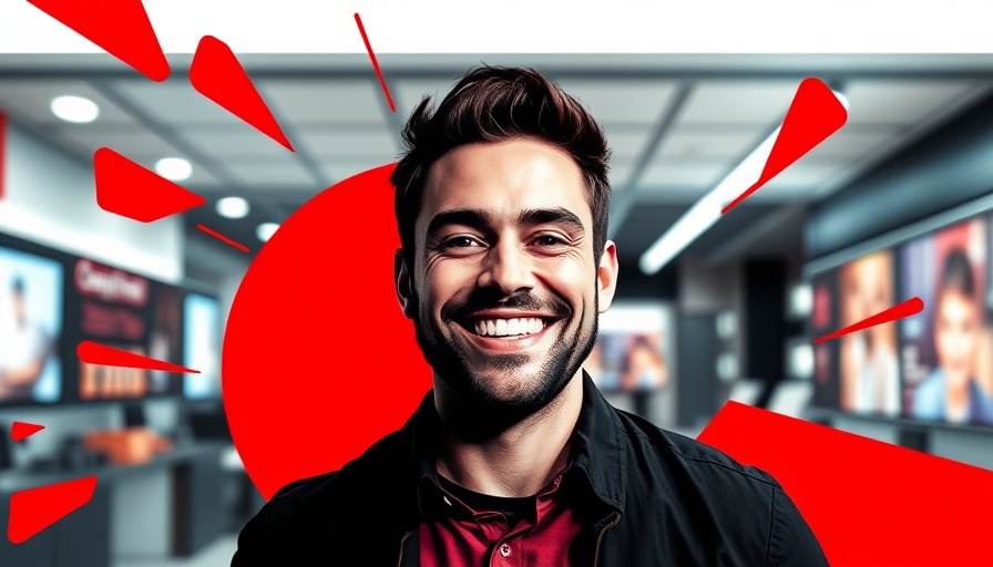 Bold pop-art style image of a smiling man in marketing with abstract shapes.