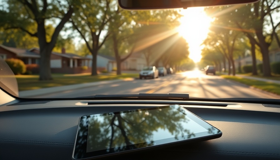 Business growth and partnerships: Sleek tablet on car dashboard in sunny street.