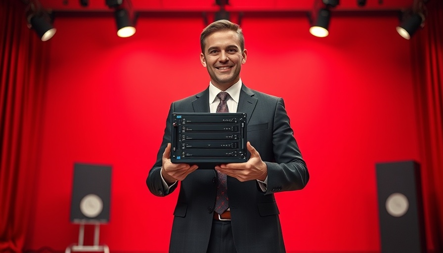 Business growth presentation by a suited man with server on stage.
