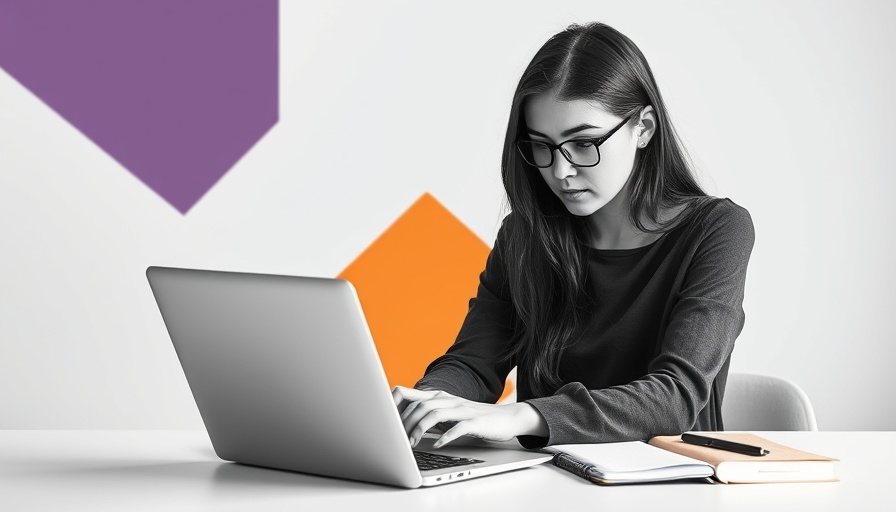 Marketing automation concept with young woman using laptop, abstract design.