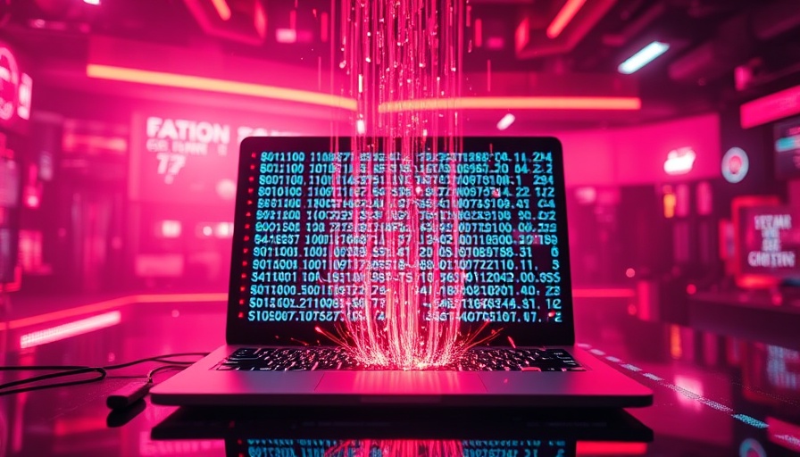 Futuristic display with binary stream connecting to laptop.