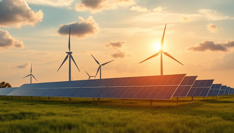 Renewables overtaking coal: solar panels and wind turbines at sunrise.